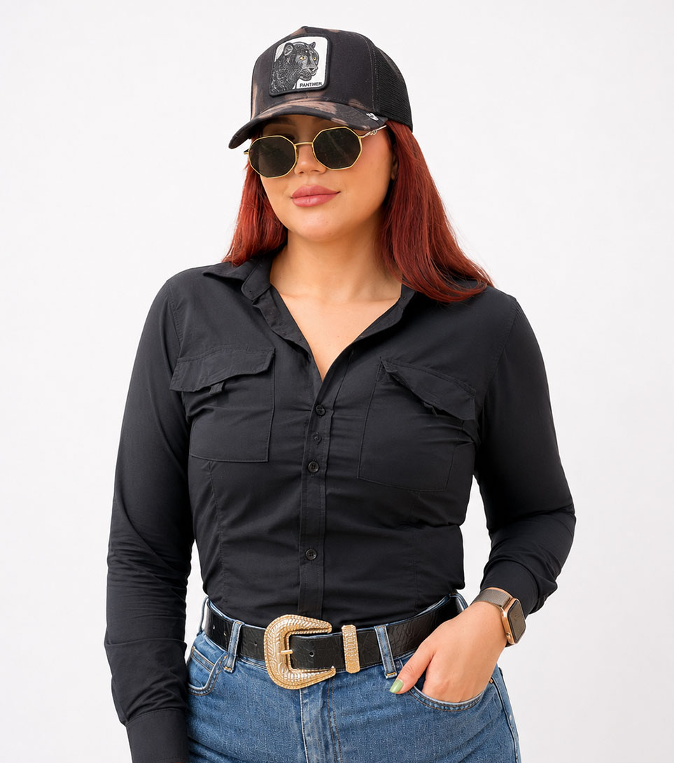Uniforme feminino escuro com bordado MG Uniformes