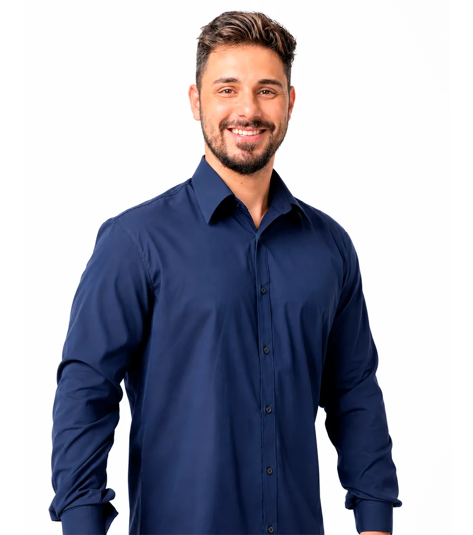 Camisa social azul marinho com bordado — uniforme para motoristas e administrativo